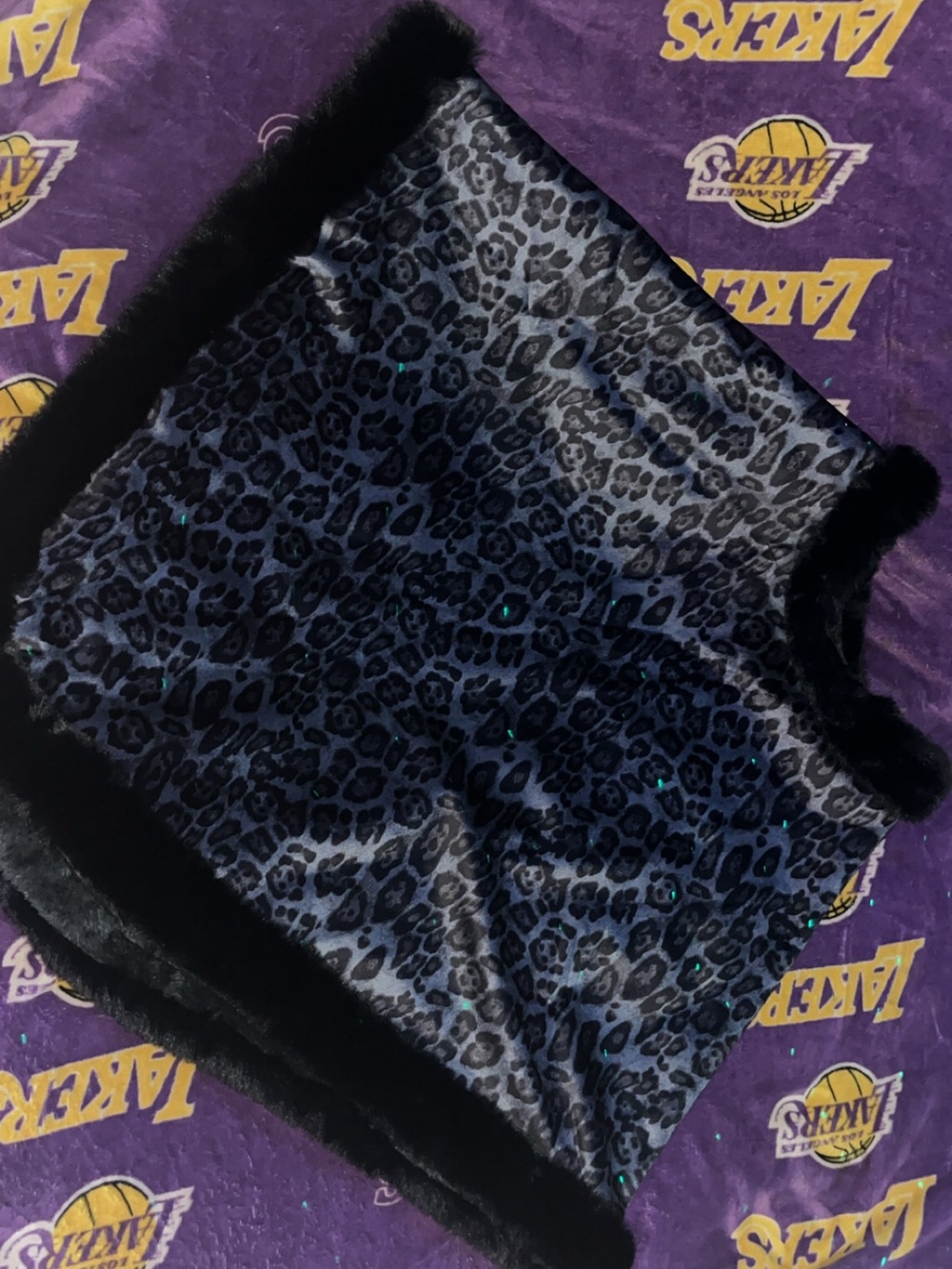 Black Faux Fur Trim Leopard Print Scarf Wrap